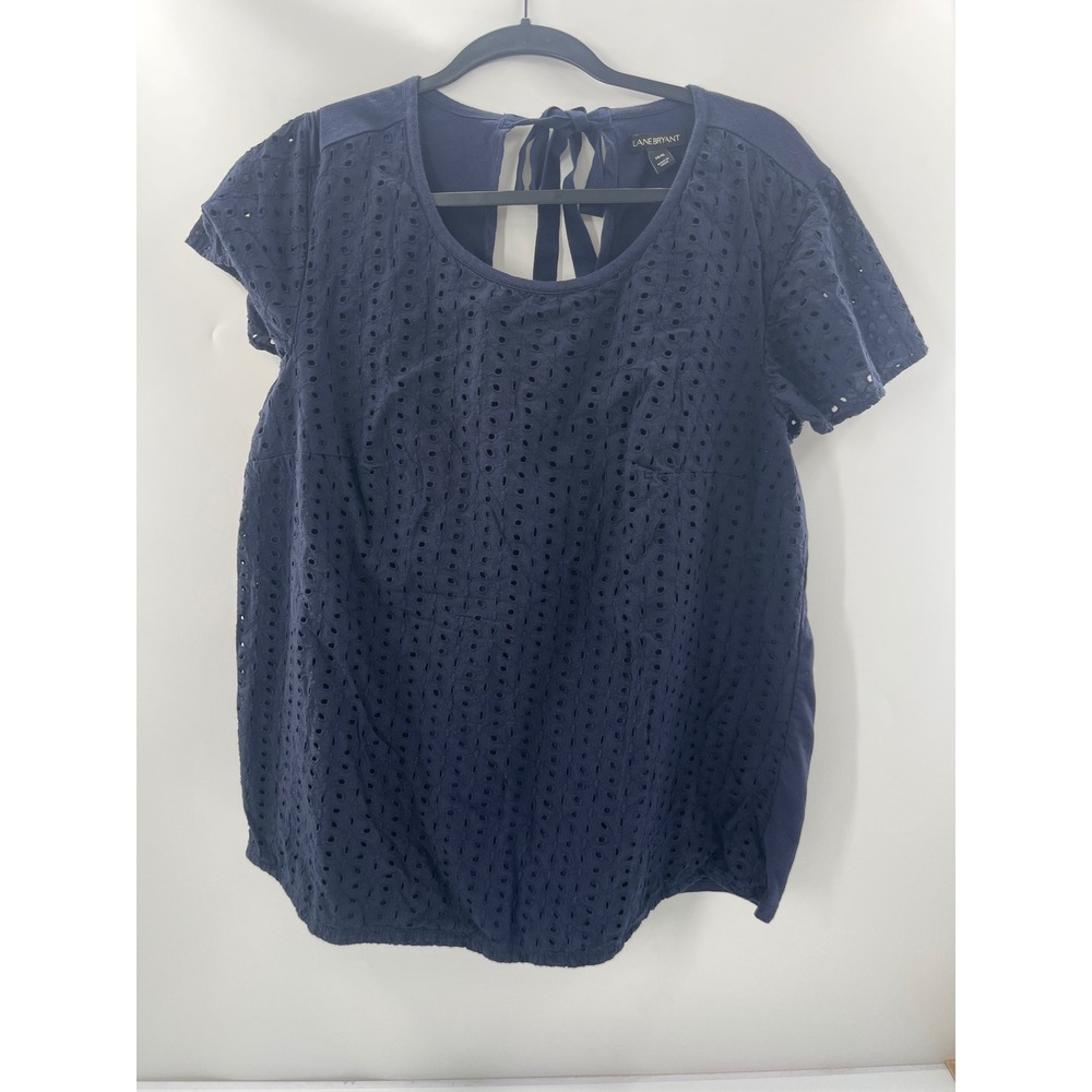 Lane Bryant Navy Blue Eyelet Tie Back Short Sleeve Top Plus Size 14/16